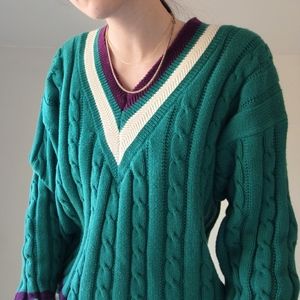 Vintage 90's V-Neck Cable knit Varsity Sweater